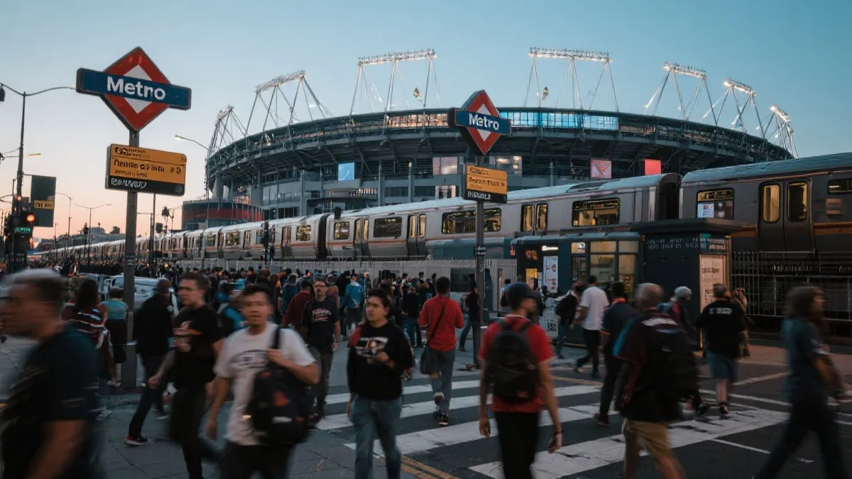 比赛日球场周边公共交通与步行动线的示意构图